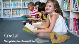  Presentation with library - Beautiful presentation theme featuring happy students sitting at library backdrop and a ocean colored foreground