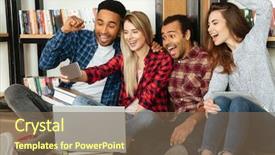  Presentation with students - Amazing PPT theme having happy students sitting in library backdrop and a violet colored foreground