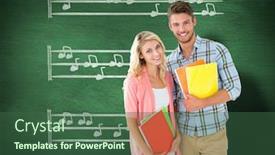  Presentation with green chalkboard - Slide deck consisting of happy students smiling at camera against green chalkboard background and a ocean colored foreground