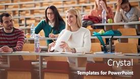  Presentation with amphitheater - Cool new presentation design with happy-students-smiling-on-lecture backdrop and a tawny brown colored foreground
