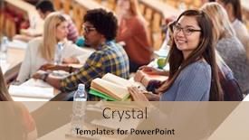  Presentation with amphitheater - Presentation theme featuring happy-students-smiling-on-lecture background and a coral colored foreground