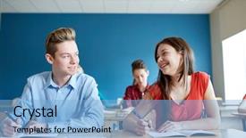  Presentation with people talking - Theme consisting of happy students talking at school background and a light blue colored foreground