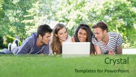  Presentation with students - Colorful theme enhanced with happy students using laptop outside at the university backdrop and a seafoam green colored foreground
