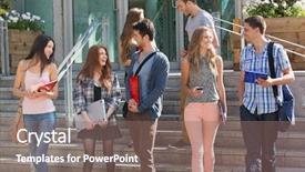  Presentation with students walking on campus - PPT theme having happy students walking and chatting background and a violet colored foreground