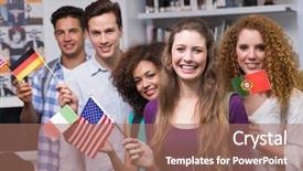  Presentation with waving flag black - PPT theme enhanced with happy students waving international flags background and a coral colored foreground