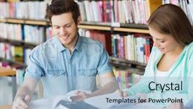  Presentation with knowledge - Amazing PPT theme having happy students with books backdrop and a light blue colored foreground