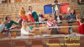  Presentation with amphitheater - Presentation design consisting of happy-students-with-flags background and a tawny brown colored foreground