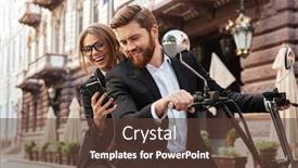  Presentation with motorbike - Presentation theme having happy stylish couple sitting on modern motorbike outdoors and looking at smartphone background and a tawny brown colored foreground