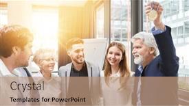  Presentation with medal - Theme featuring happy-successful-business-team background and a coral colored foreground