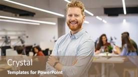  Presentation with entrepreneur - PPT theme enhanced with happy-successful-businessman-standing background and a coral colored foreground