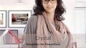  Presentation with business casual - Beautiful presentation theme featuring happy successful casual caucasian businesswoman at home business office standing hand in pocket wearing glasses smiling looking at camera backdrop and a coral colored foreground