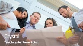  Presentation with successful plans - Beautiful presentation theme featuring happy successful engineers reviewing plans together backdrop and a coral colored foreground