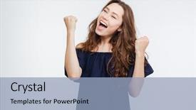  Presentation with women success - Slide set enhanced with happy successful young woman background and a light blue colored foreground