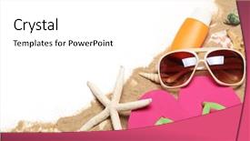  Presentation with hat and flip flop - Cool new presentation theme with happy summer - flip flops sunglasses sunblock seashells backdrop and a white colored foreground