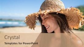  Presentation with summer sun - PPT theme with happy-summer-asian-young-woman background and a coral colored foreground