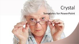  Presentation with eyeglasses - PPT theme enhanced with happy surprised old senior lady background and a white colored foreground