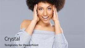  Presentation with shoulder - Beautiful PPT theme featuring happy surprised young african american woman in a sexy off the shoulder top looking at the camera with an excited look and her hands raised to her head backdrop and a lemonade colored foreground