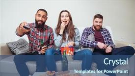  Presentation with friends - PPT theme with happy surprised young friends sitting background and a  colored foreground