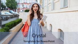  Presentation with hat - Cool new PPT theme with happy-surprized-young-woman backdrop and a light blue colored foreground