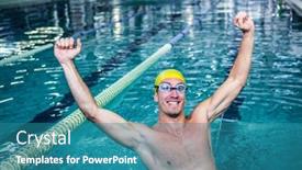  Presentation with swimming pool - PPT theme enhanced with happy-swimmer-put-his-hands background and a  colored foreground