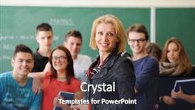  Presentation with students - PPT theme having happy teacher and a group background and a dark gray colored foreground