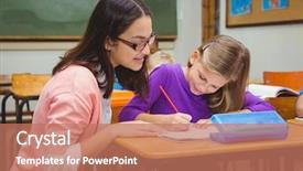  Presentation with esl elementary students - Audience pleasing PPT theme consisting of happy teacher helping her students backdrop and a coral colored foreground