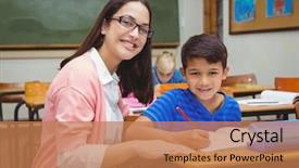  Presentation with school-elementary - Amazing slide set having happy-teacher-helping-her-students backdrop and a coral colored foreground