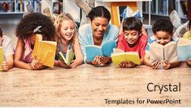  Presentation with teacher and students - Slide set consisting of happy teacher with students reading background and a lemonade colored foreground