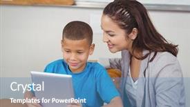  Presentation with pupil - Colorful presentation design enhanced with happy teachers day - pretty teacher and pupil using backdrop and a teal colored foreground