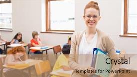  Presentation with elementary school career day and technology and black female teacher - PPT layouts consisting of happy teachers day - pretty teacher smiling at camera background and a coral colored foreground