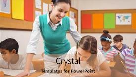  Presentation with school elementary - Slide set featuring happy teachers day - teacher helping a little girl background and a  colored foreground