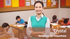  Presentation with diverse elementary students in classroom - PPT layouts enhanced with happy teachers day - teacher smiling at camera background and a red colored foreground