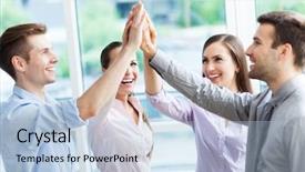  Presentation with team group - Beautiful presentation featuring happy team - business group joining hands backdrop and a light blue colored foreground