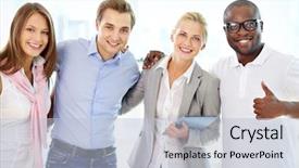  Presentation with successful - Presentation design featuring happy team - portrait of successful friends doing background and a light blue colored foreground