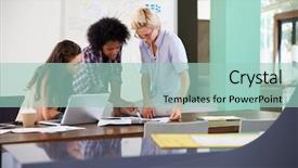  Presentation with creative - Cool new PPT theme with happy team - three businesswomen having creative meeting backdrop and a  colored foreground