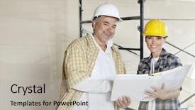  Presentation with construction documents - Presentation theme having happy team of architect with paper documents at construction site background and a light gray colored foreground