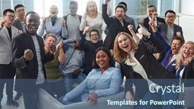  Presentation with employees - Slide deck consisting of happy-team-of-diverse-corporate background and a ocean colored foreground