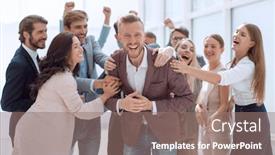  Presentation with employees - Colorful presentation enhanced with happy-team-of-employees-congratulating backdrop and a coral colored foreground