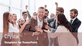  Presentation with employees - Beautiful slides featuring happy-team-of-employees-congratulating backdrop and a coral colored foreground