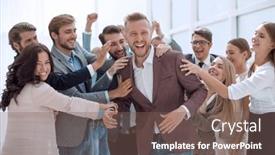  Presentation with employees - Amazing slide deck having happy-team-of-employees-congratulating backdrop and a violet colored foreground