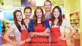  Presentation with employees - Amazing slide deck having happy-team-of-employees-stands backdrop and a red colored foreground