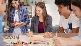  Presentation with young happy people smiling - Amazing PPT theme having happy-team-of-high-school backdrop and a coral colored foreground