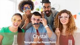  Presentation with corporate celebration - Presentation design consisting of happy team with party accessories background and a coral colored foreground