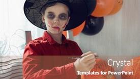  Presentation with masquerade - Presentation design having happy-teen-boy-in-costume background and a coral colored foreground