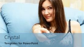  Presentation with teen - Beautiful PPT theme featuring happy-teen-girl-watching-tv backdrop and a light blue colored foreground