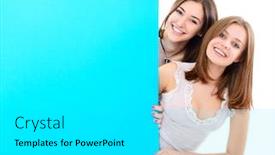  Presentation with banner blue - PPT theme with happy teen girls holding big blue empty banner over white background and a cyan colored foreground
