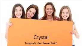 Presentation with teen girls - Colorful slides enhanced with happy teen girls holding big orange empty banner over white backdrop and a light gray colored foreground
