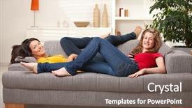  Presentation with teen girls - Colorful slides enhanced with happy teen girls lying on sofa together smiling at camera having rest at home backdrop and a gray colored foreground