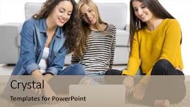  Presentation with teen girls - Colorful theme enhanced with happy teen girls studying at home with a laptop backdrop and a coral colored foreground