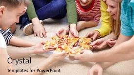  Presentation with italian food about pizza - Colorful PPT layouts enhanced with happy teenage friends eating pizza backdrop and a lemonade colored foreground